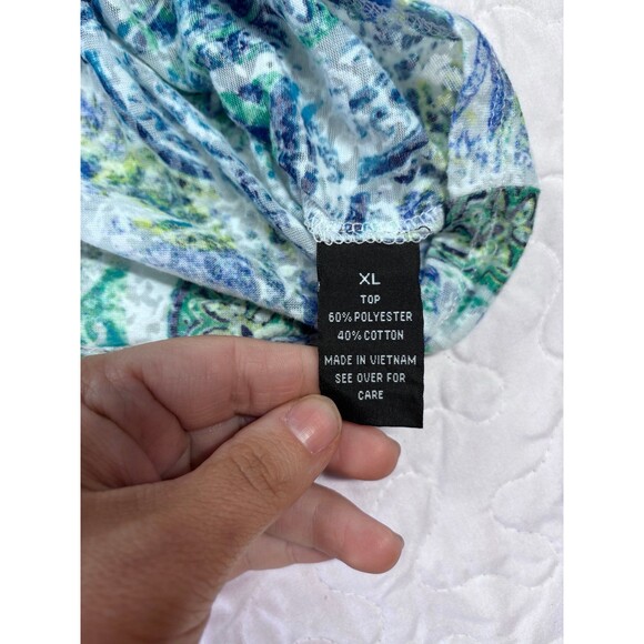 AB Studio Blue Green Paisley Floral Print Halter Vneck Ruffled Tank Top size xl - Picture 6 of 7